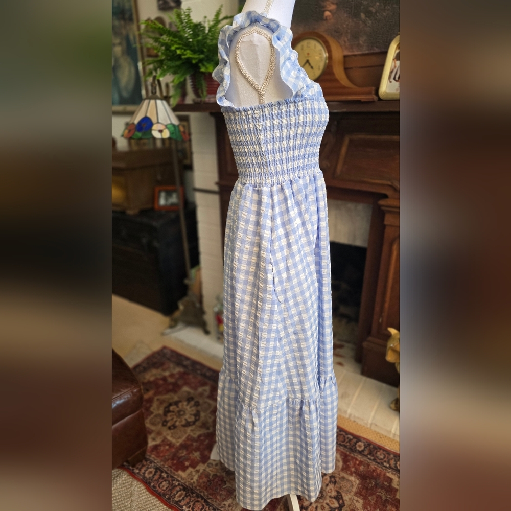 Smocked Square Neck Dress - Light Blue Gingham Size M-L - Picture 4 of 7